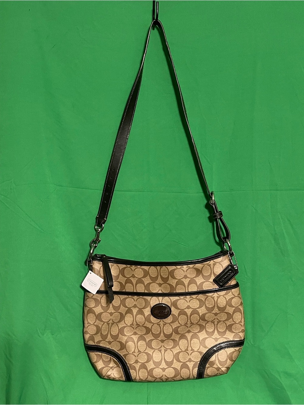 Coach Signature coated Canvas Payton Convertible Hobo in Silver/Khaki/Mahogany
